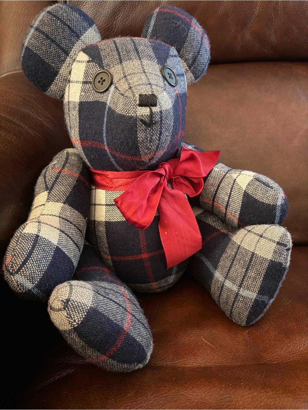 Handmade Plaid Navy & Cream Fabric Bear w/ Red Bow Farmhouse Cabincore Cottage